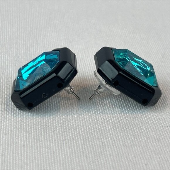 Octagon Stud Earrings Teal Plastic Gemstones Black Enamel Frame - Picture 4 of 8
